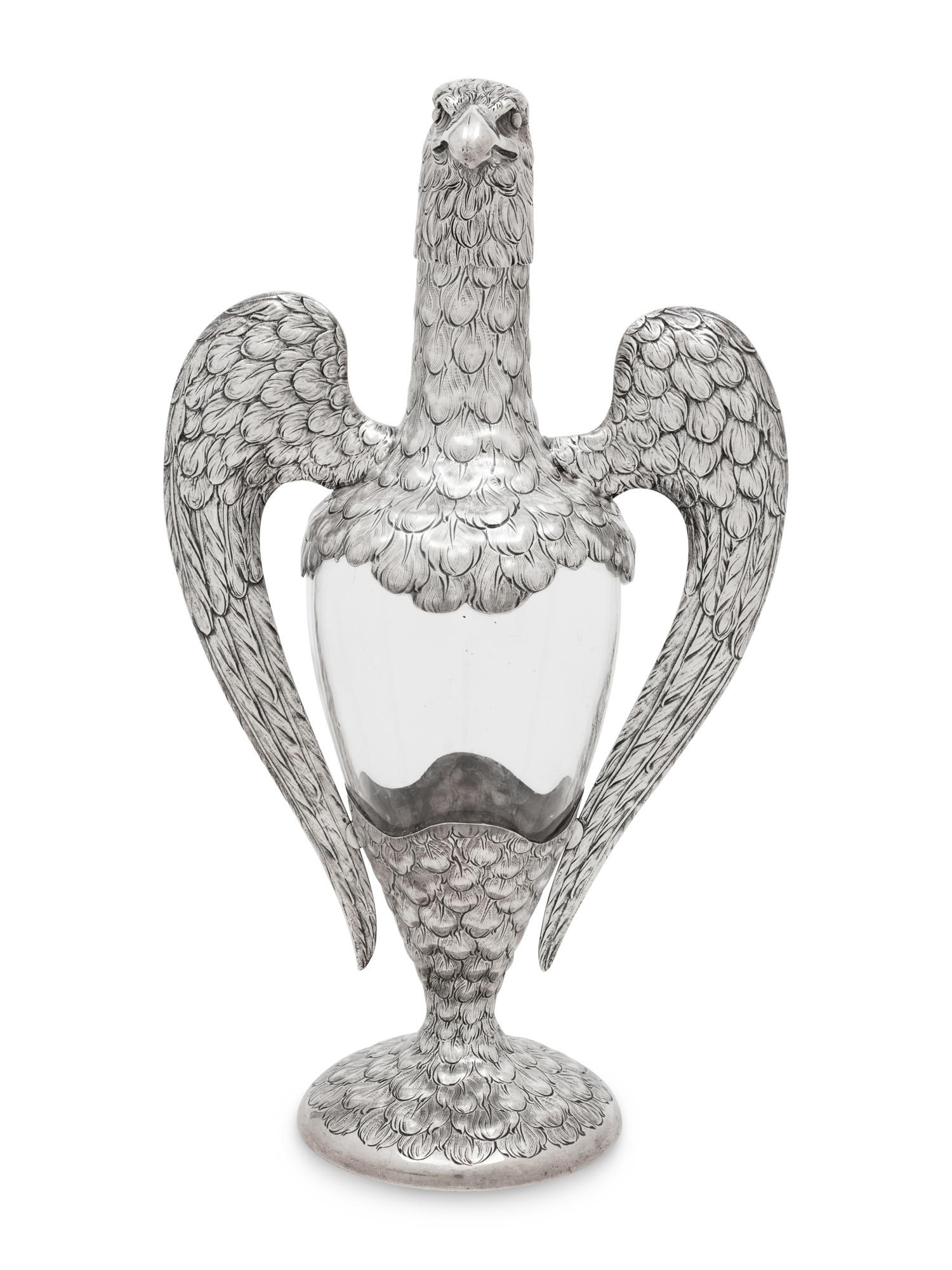A German Silver-Mounted Glass Eagle-Form Decanter