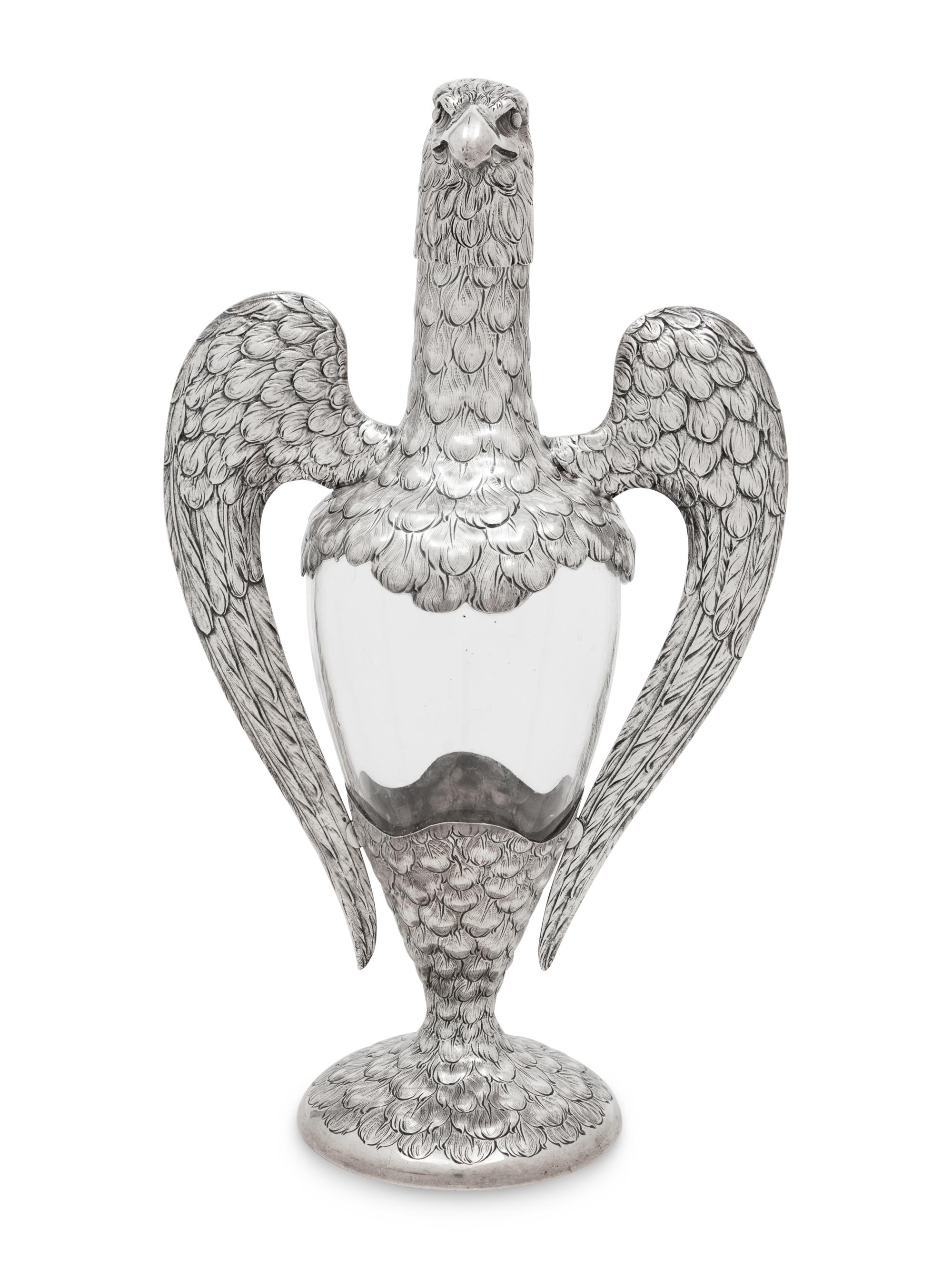A German Silver-Mounted Glass Eagle-Form Decanter
