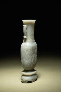 A Small Pale Carved Pale Celadon Jade Vase and Stand