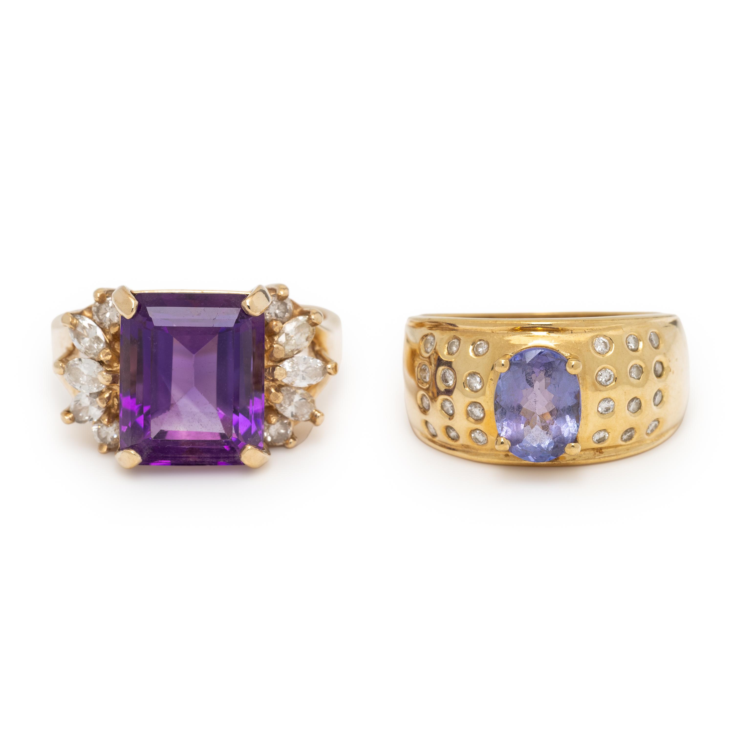 Two Yellow Gold, Diamond, and Gemstone Rings