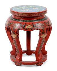 A Chinese Export Cloisonné Inset and Red Lacquered Jardinière Stand