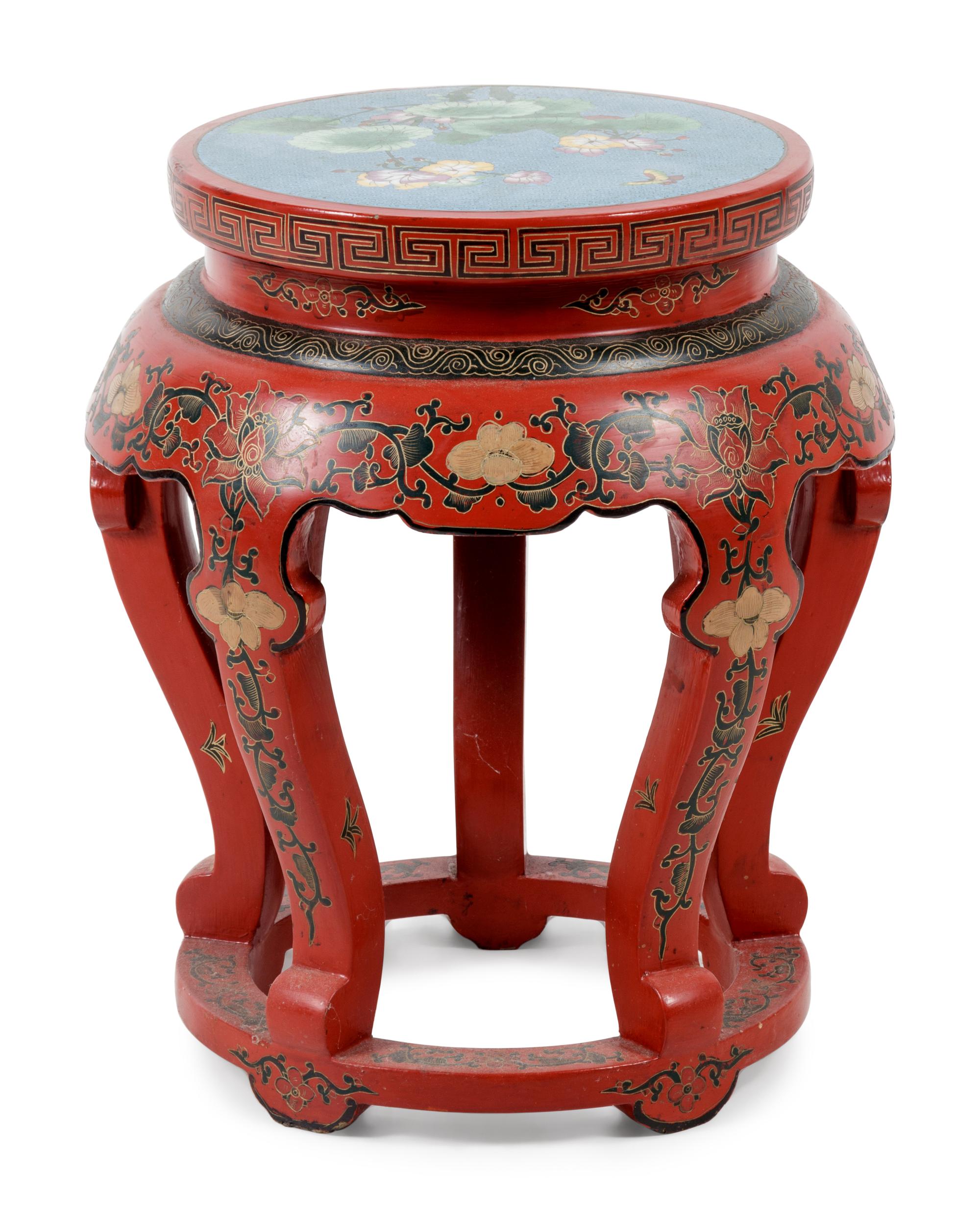 A Chinese Export Cloisonné Inset and Red Lacquered Jardinière Stand
