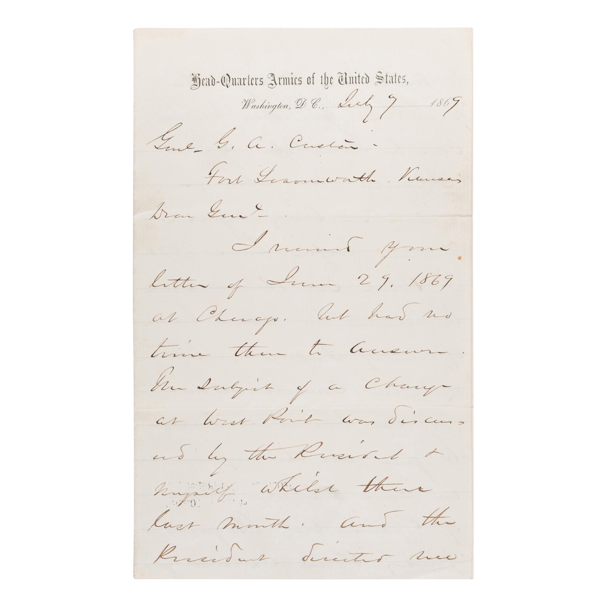 [Custer, George Armstrong, Gen. (1839-1876)]. A pair of letters from Generals Sheridan and Sherman to Custer, regarding his attempt to secure a transfer to West Point, comprising: