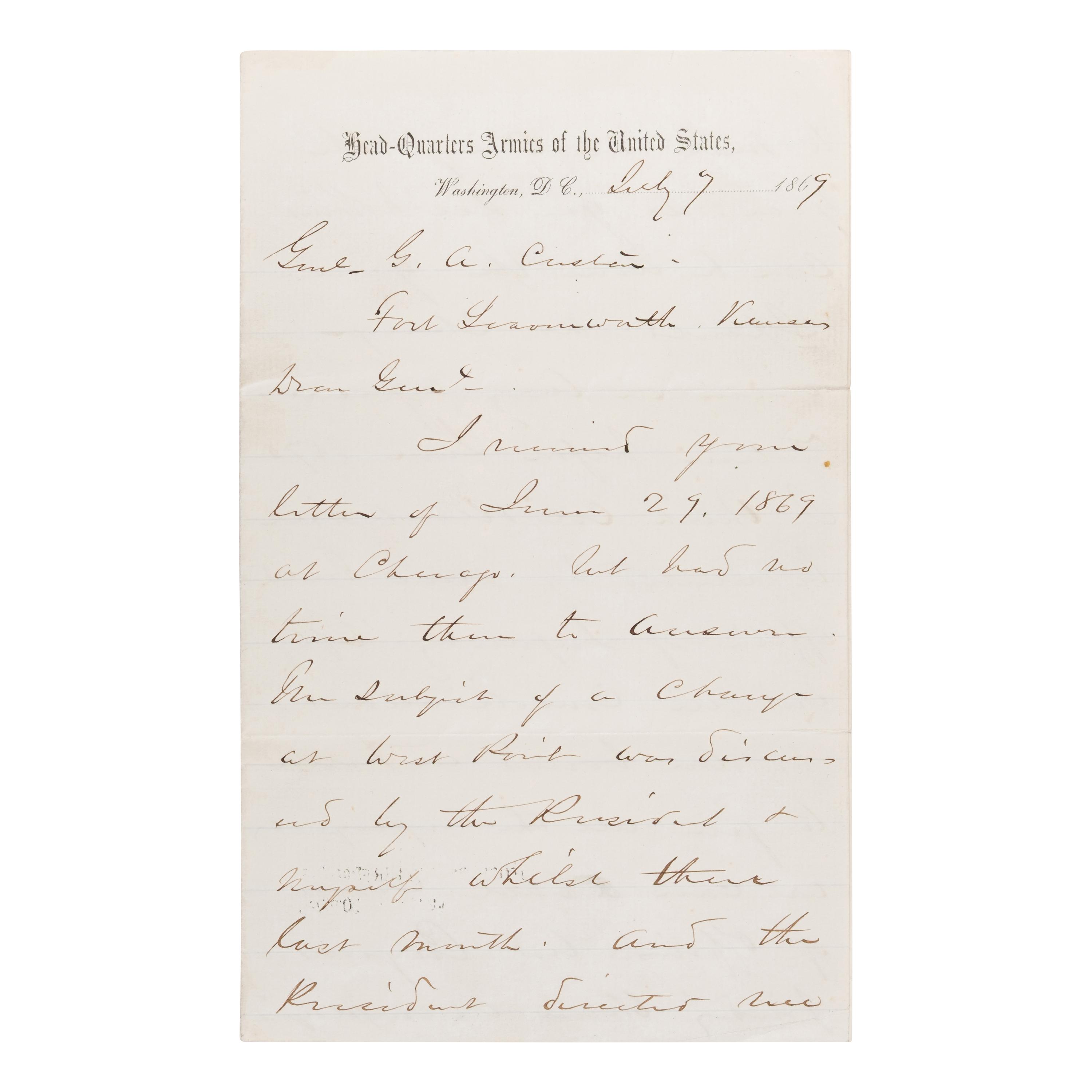 [Custer, George Armstrong, Gen. (1839-1876)]. A pair of letters from Generals Sheridan and Sherman to Custer, regarding his attempt to secure a transfer to West Point, comprising: