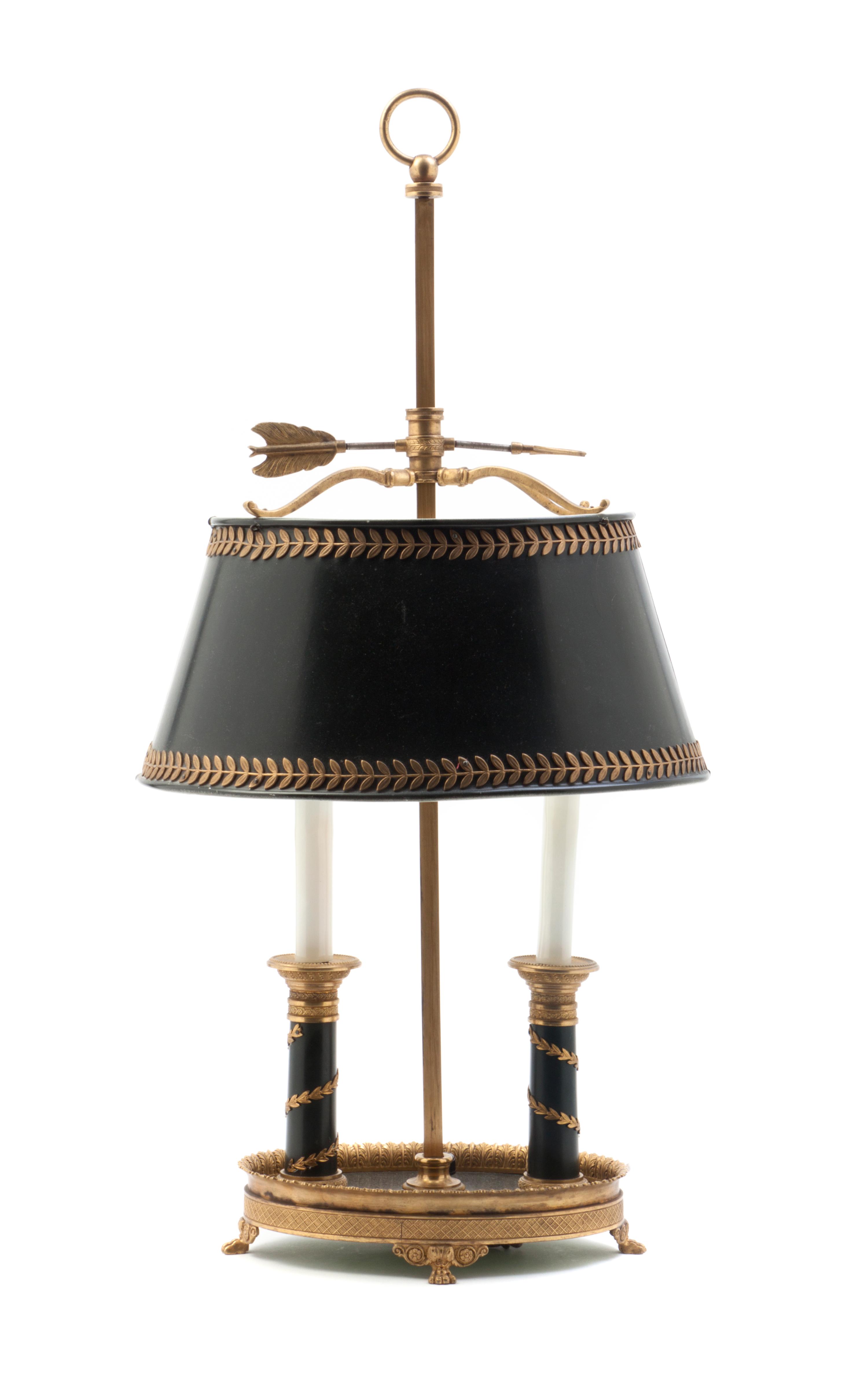 A Louis XVI Style Gilt and Patinated Bronze Bouillotte Lamp, Height overall 23 inches.