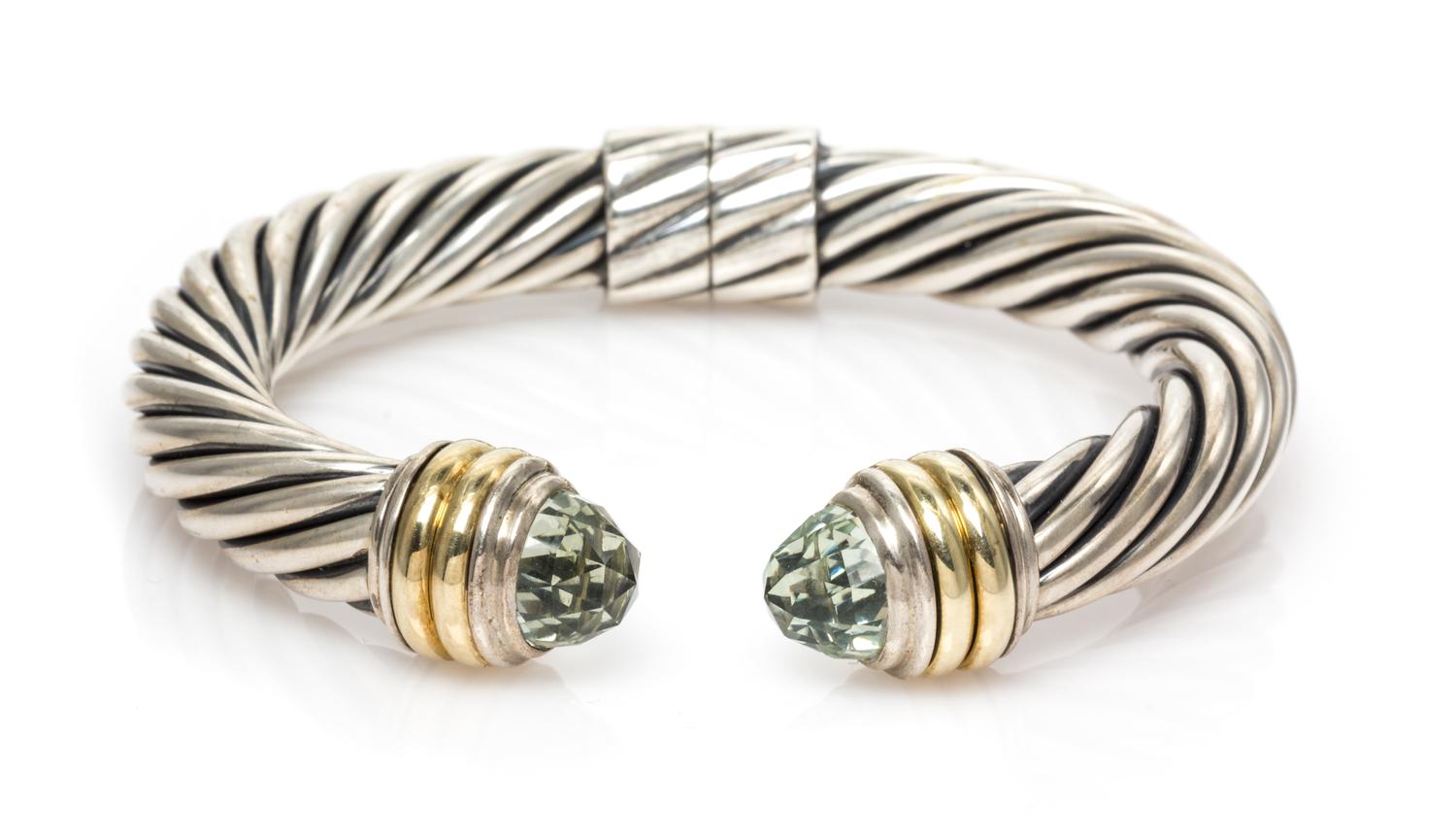 A Sterling Silver, 14 Karat Yellow Gold and Prasiolite 'Cable Classics' Bangle Bracelet, David Yurman, 29.90 dwts.