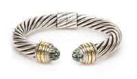 A Sterling Silver, 14 Karat Yellow Gold and Prasiolite 'Cable Classics' Bangle Bracelet, David Yurman, 29.90 dwts.