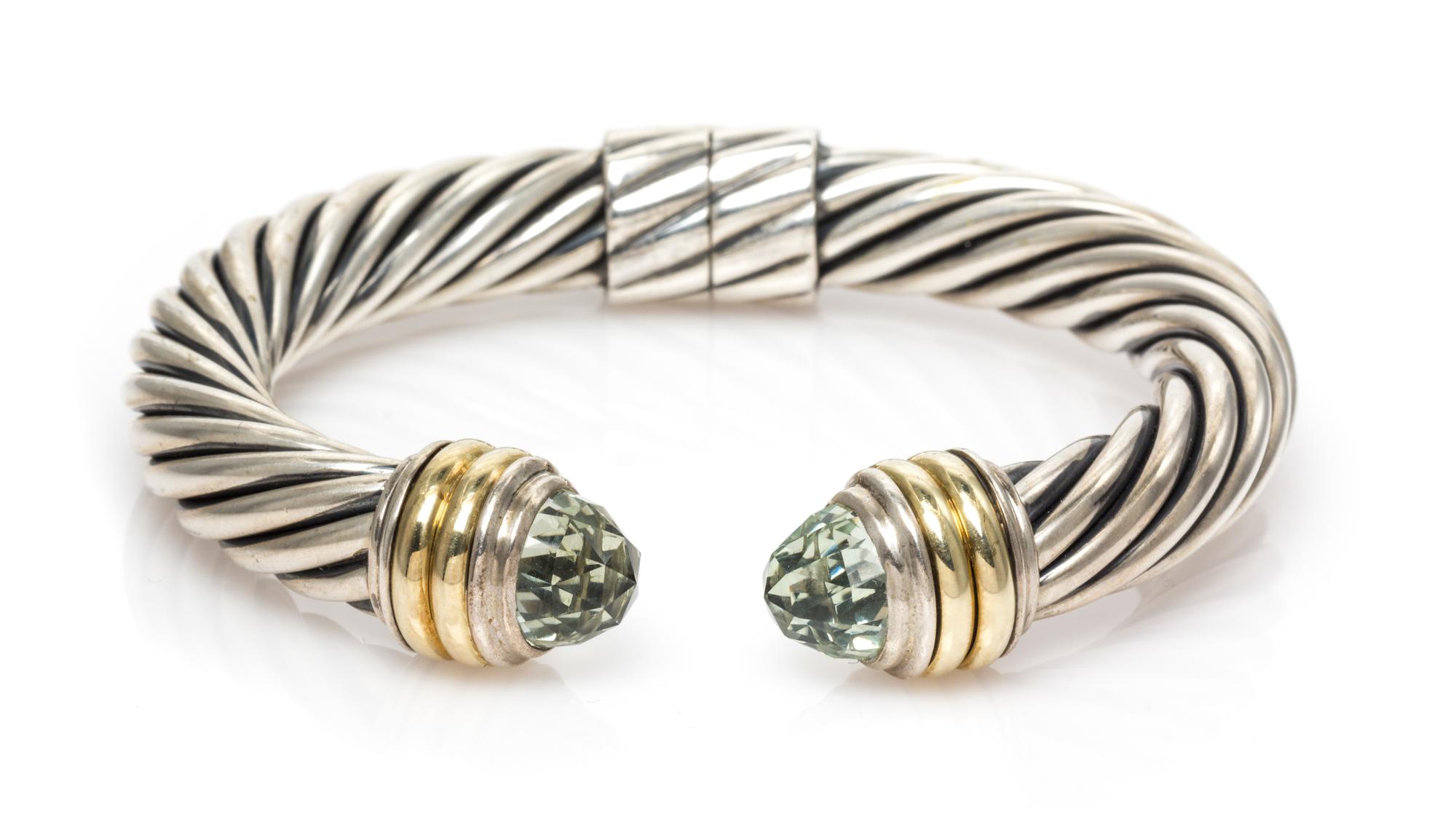 A Sterling Silver, 14 Karat Yellow Gold and Prasiolite 'Cable Classics' Bangle Bracelet, David Yurman, 29.90 dwts.
