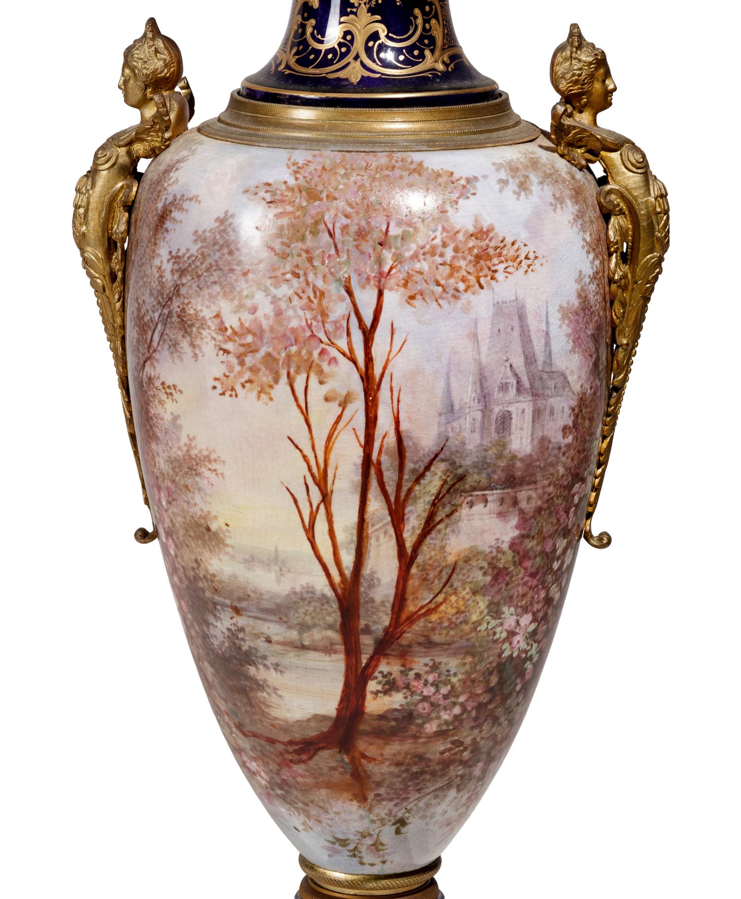 A Sèvres Style Gilt Metal Mounted Porcelain Covered Urn