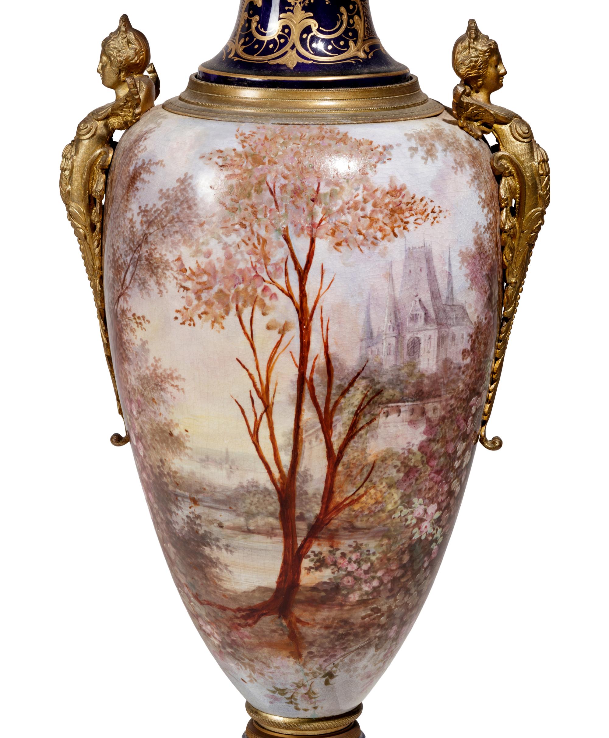A Sèvres Style Gilt Metal Mounted Porcelain Covered Urn