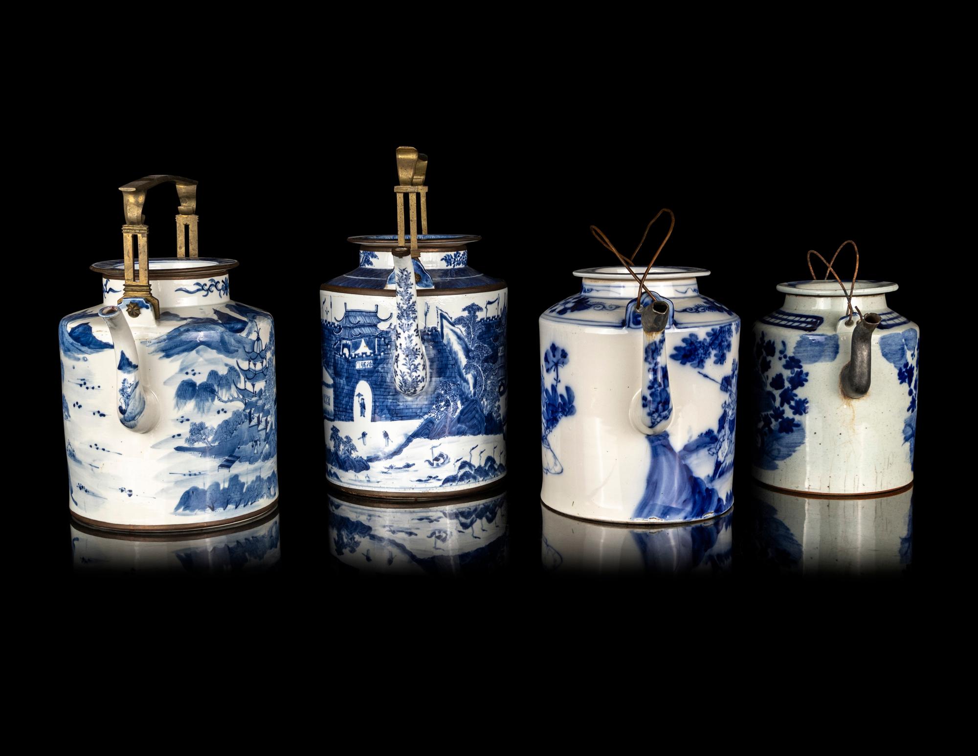 Four Large Chinese Blue and White Porcelain Teapots