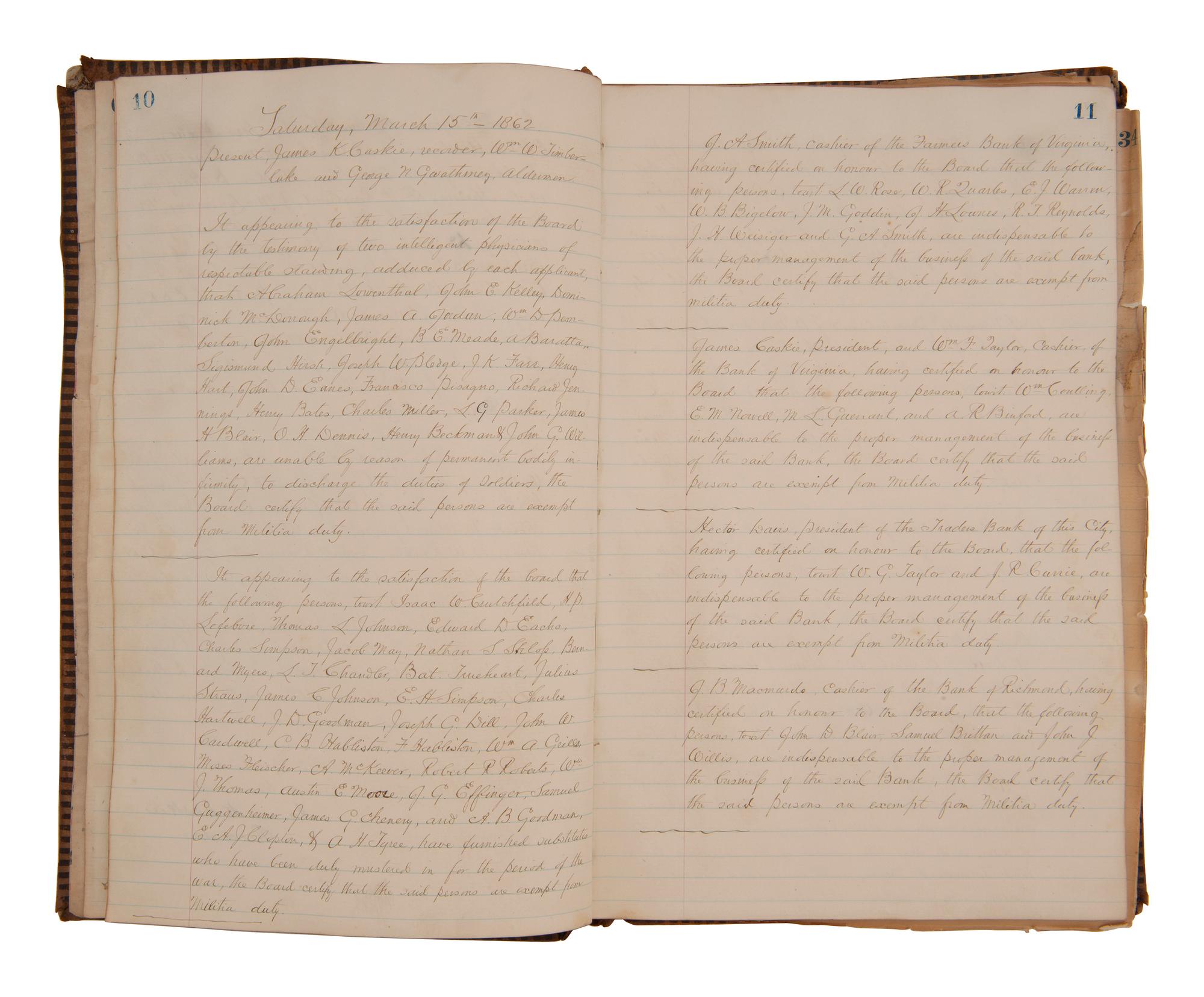 [CIVIL WAR - CONFEDERATE]. Ledger book containing records of military service exemptions and enlistments, Richmond, Virginia, 13-25 March 1862.
