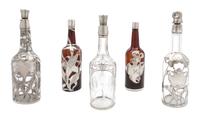 Five Silver Overlay Glass Decanters Height of tallest 12 5/8 inches.