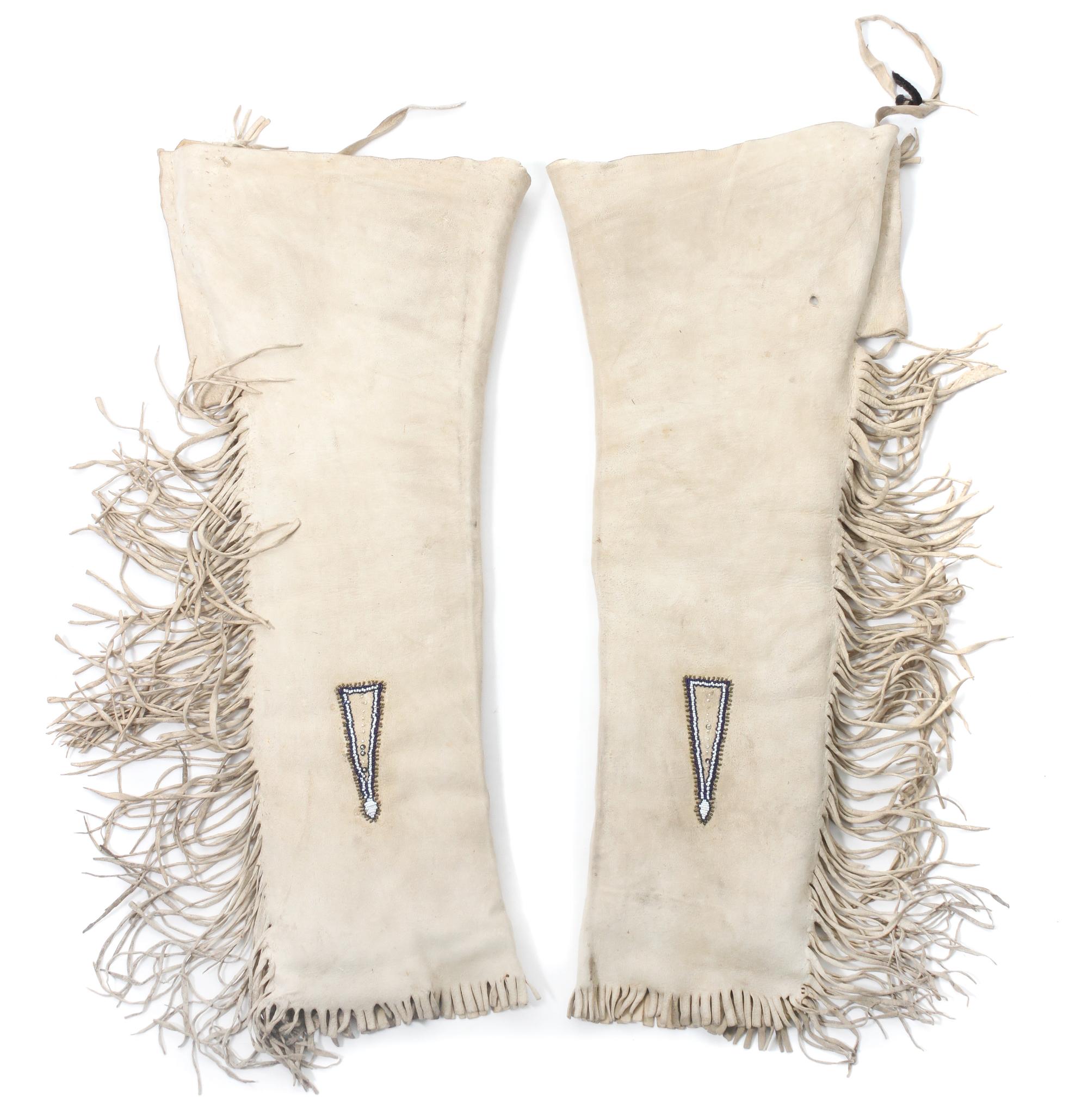 Two Pairs of Blackfeet Quilled Leggings Length of first 33 1/2 inches.