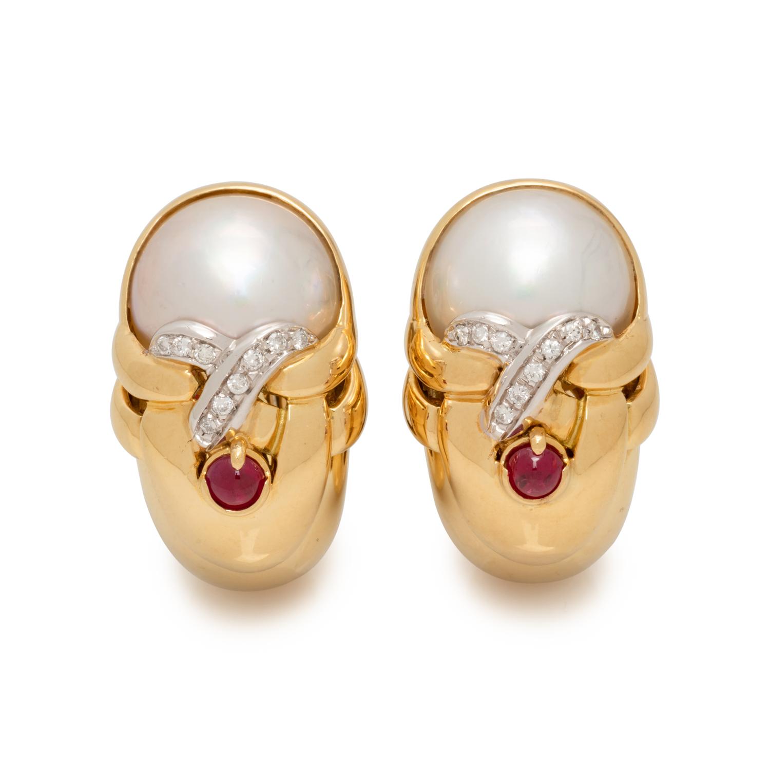 YELLOW GOLD, CULTURED MABE PEARL, RUBY AND DIAMOND EARCLIPS