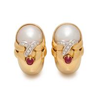 YELLOW GOLD, CULTURED MABE PEARL, RUBY AND DIAMOND EARCLIPS
