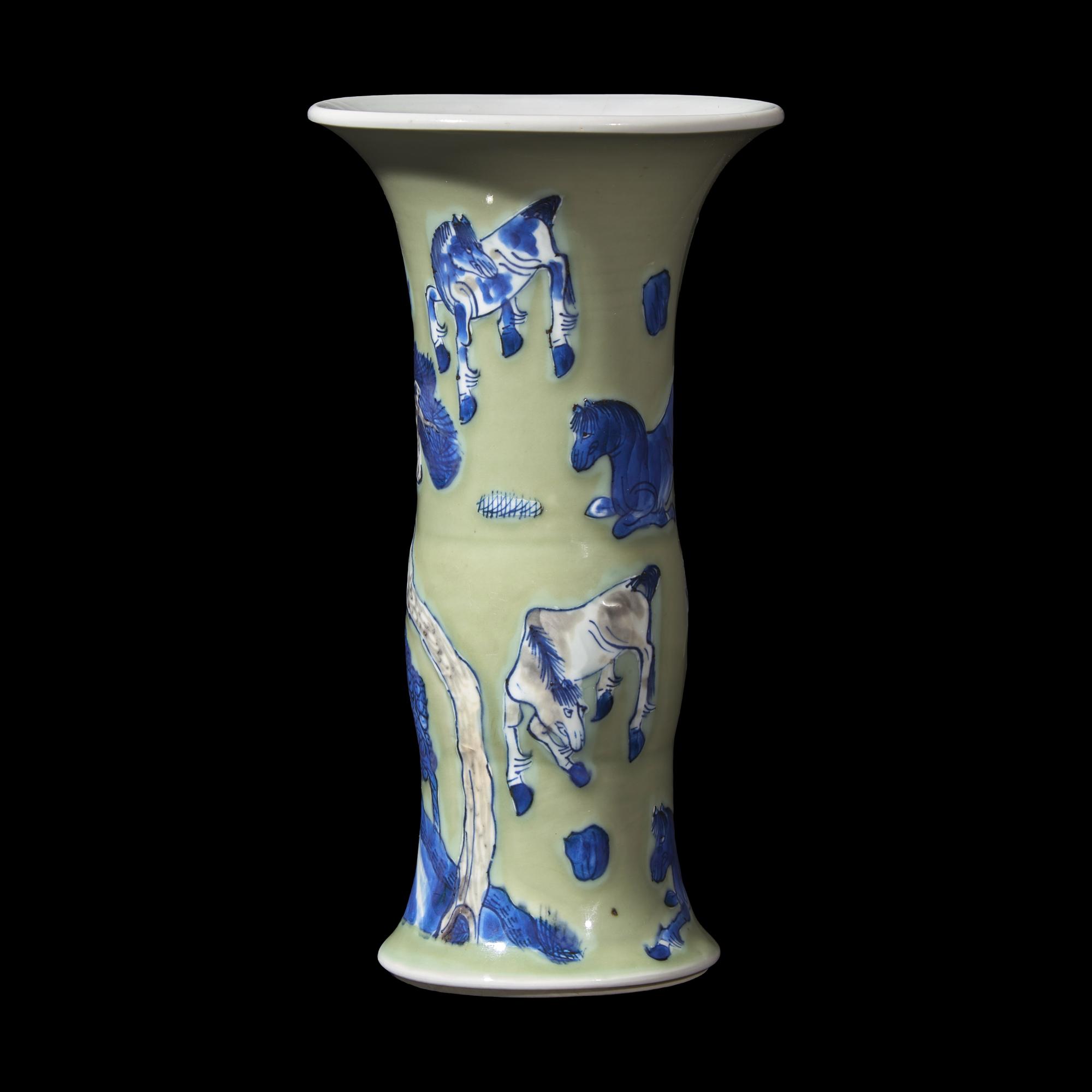A Chinese Celadon Ground Copper Red, Blue and White 'Horses' Gu Vase, Kangxi Period 清康熙 豆青地青花釉裏紅八駿圖觚