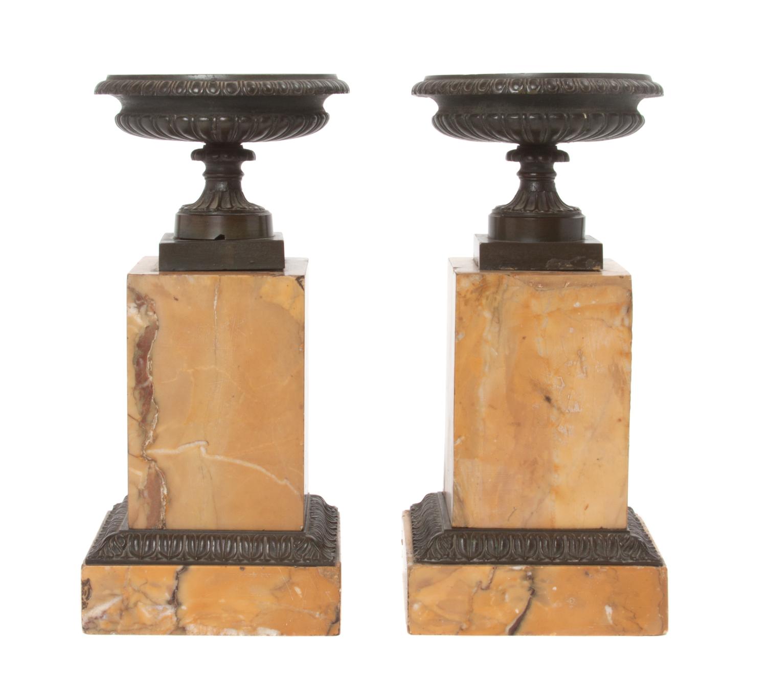 A Pair of Grand Tour Bronze Urns Height 10 1/2 inches.