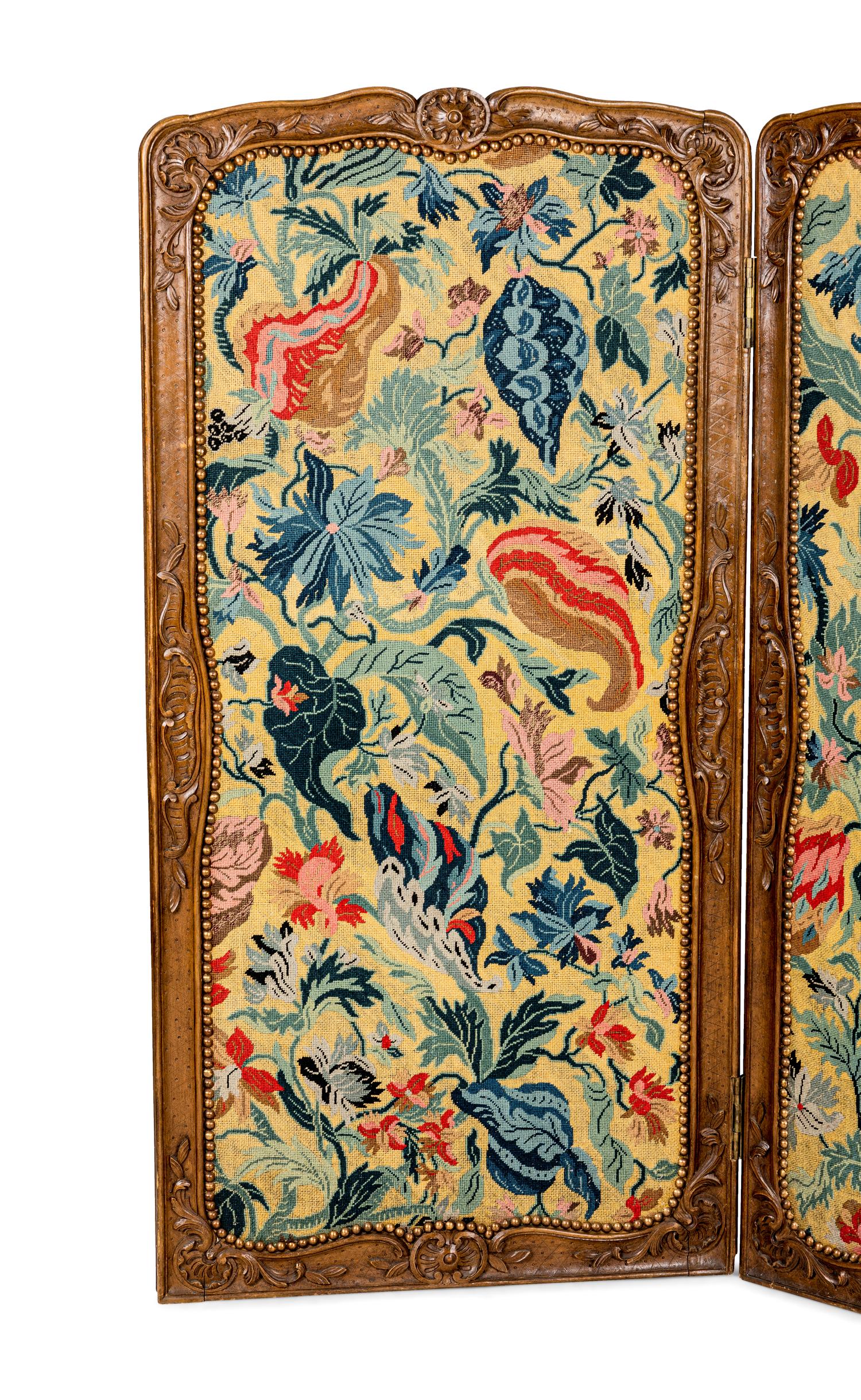 A Louis XV Style Carved Walnut Six-Panel Needlework Inset Screen 19th Century Note: Our specialists have confirmed that this item is over 100 years old.