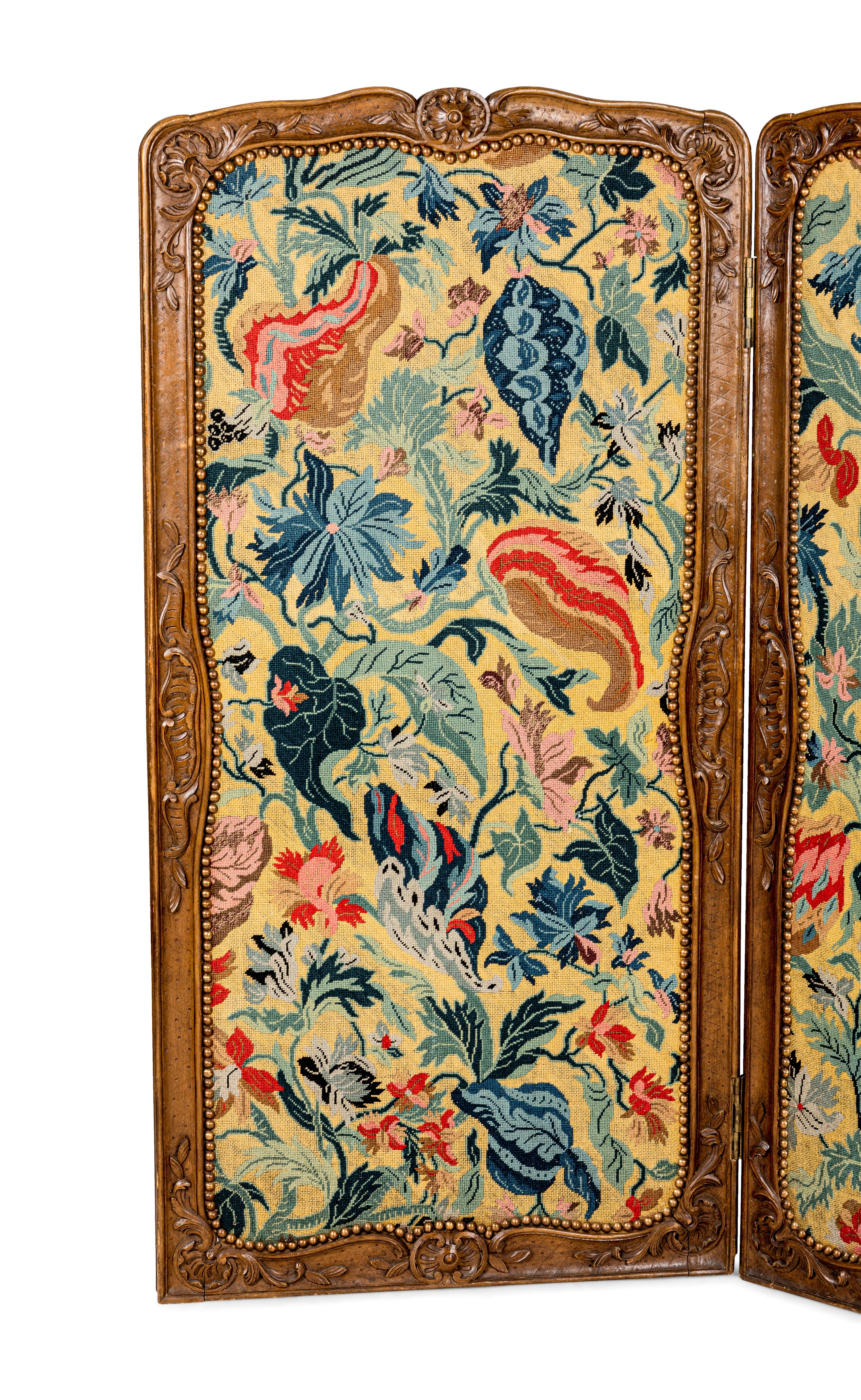 A Louis XV Style Carved Walnut Six-Panel Needlework Inset Screen 19th Century Note: Our specialists have confirmed that this item is over 100 years old.