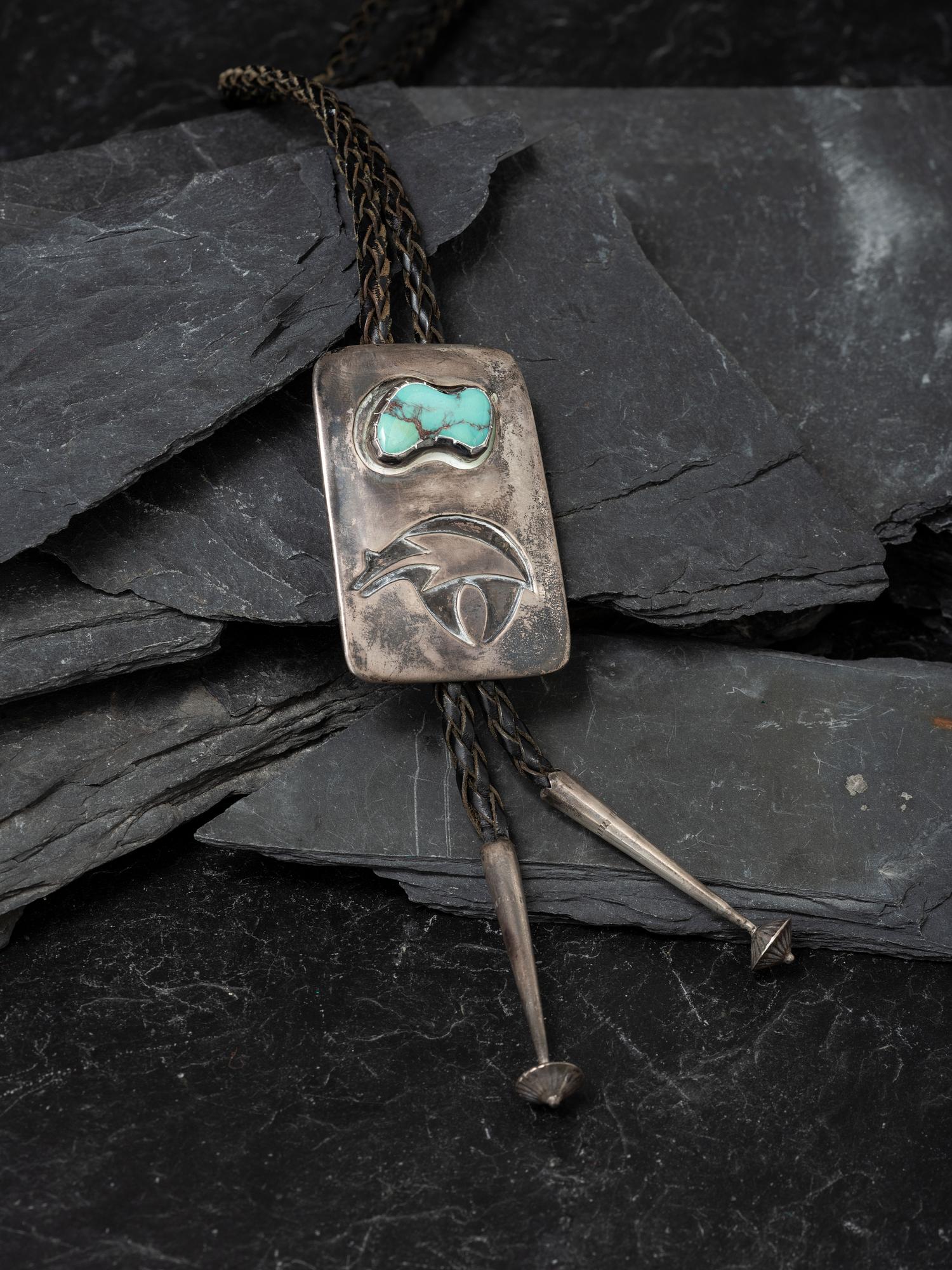 Bear-with-Heartline Silver and Turquoise Bolo Tie, 1974