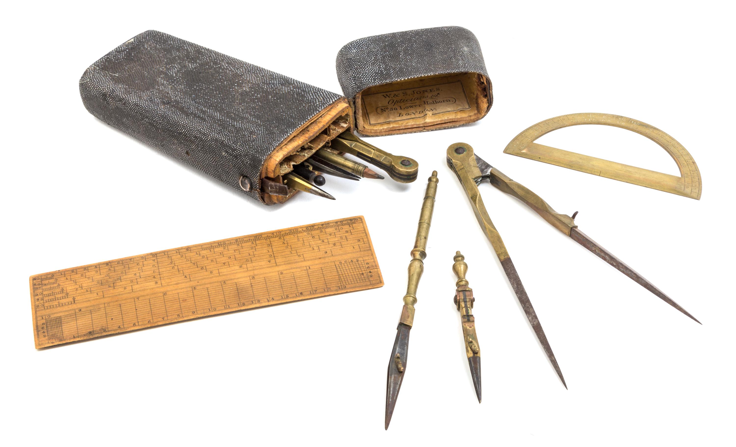 An English Ray-Skin Cased Brass and Wood 10-Piece Drawing Instrument Set — W. & S. JONES, LONDON, 19TH CENTURY