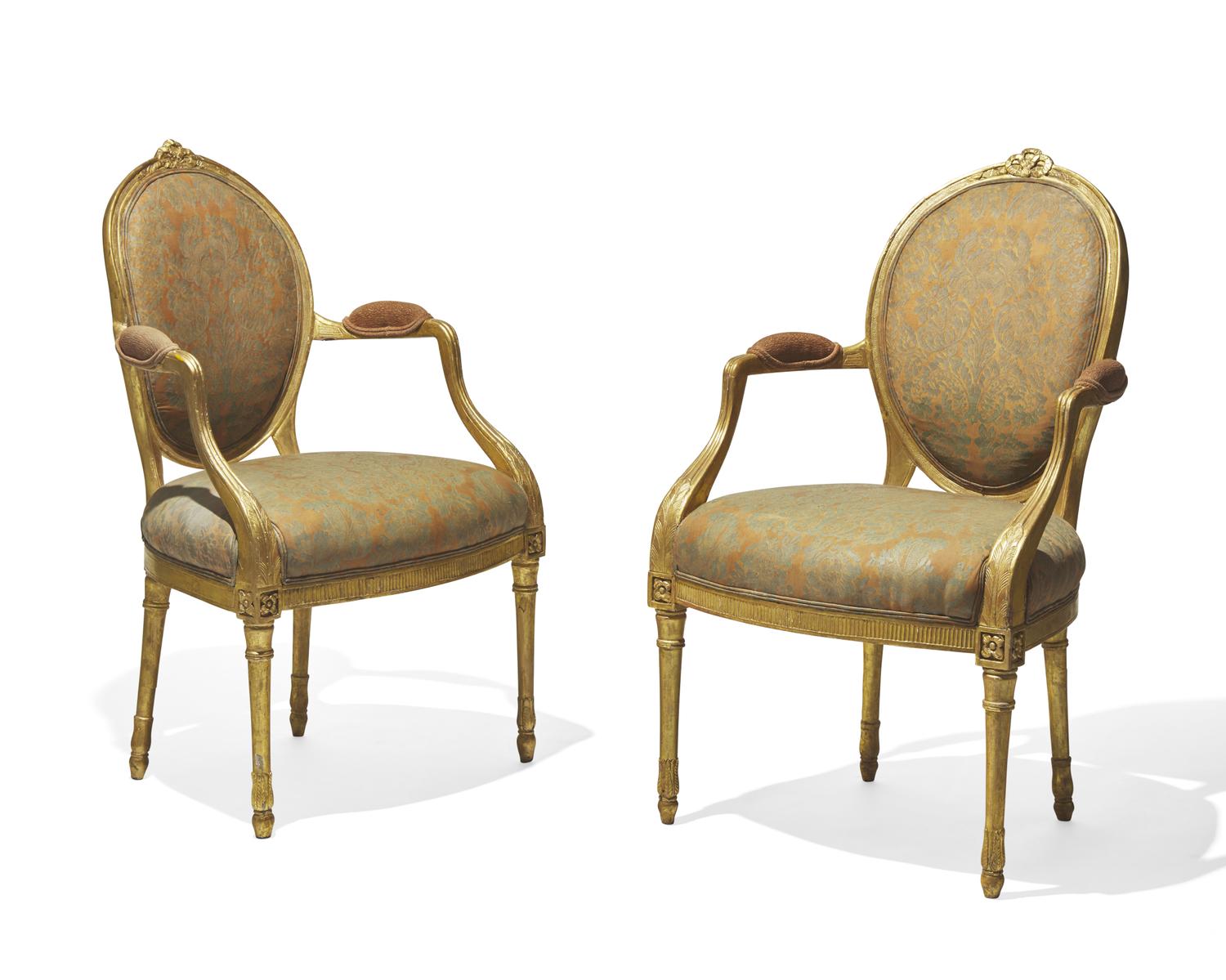 A pair of George III giltwood armchairs in the manner of John Linnell (1729-1796), circa 1790