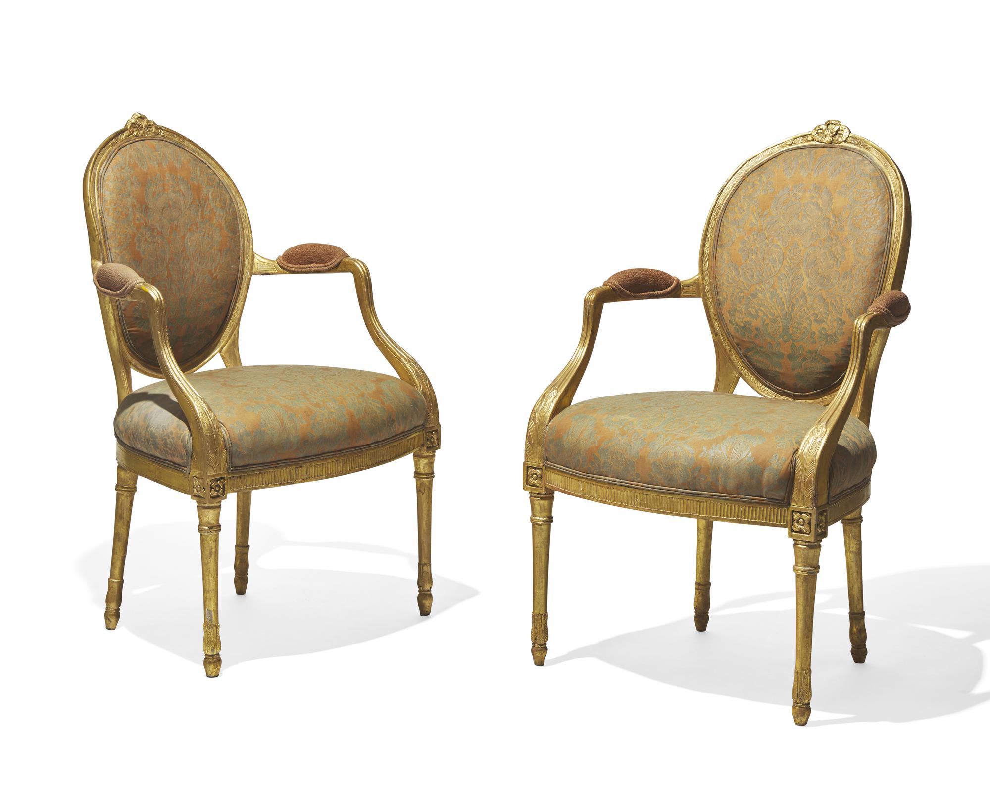 A pair of George III giltwood armchairs in the manner of John Linnell (1729-1796), circa 1790