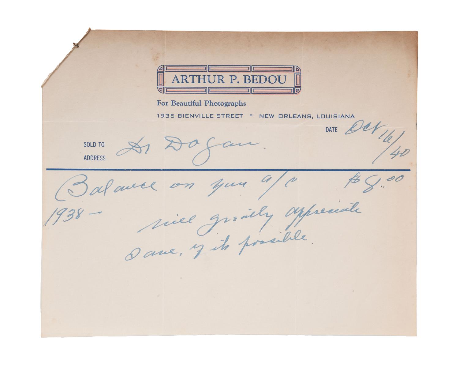 [EARLY PHOTOGRAPHY]. BEDOU, Arthur P. (1882-1966). Autograph letter twice signed ("A.P. Bedou"), Matthew DOGAN (1863-1947), as President of HBCU Wiley College. New Orleans, 15 October 1940.