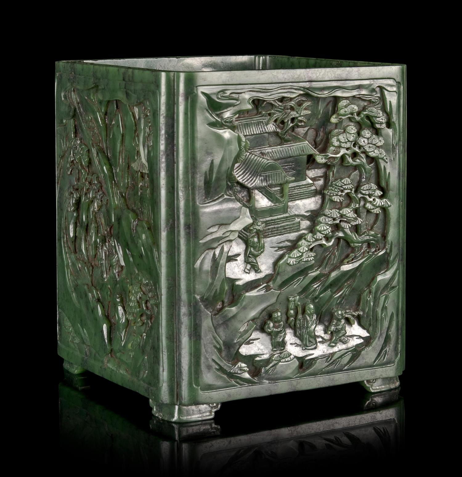A Carved Spinach Jade 'Landscape' Square Brush Pot