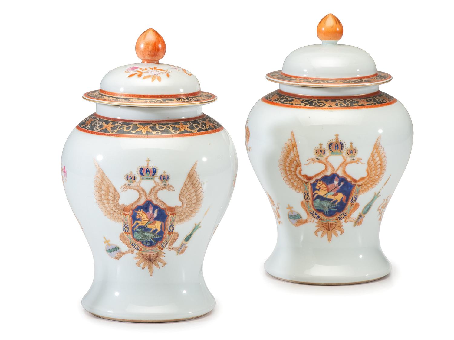 A Pair of Chinese Export Porcelain Lidded Jars Made for the Russian Market