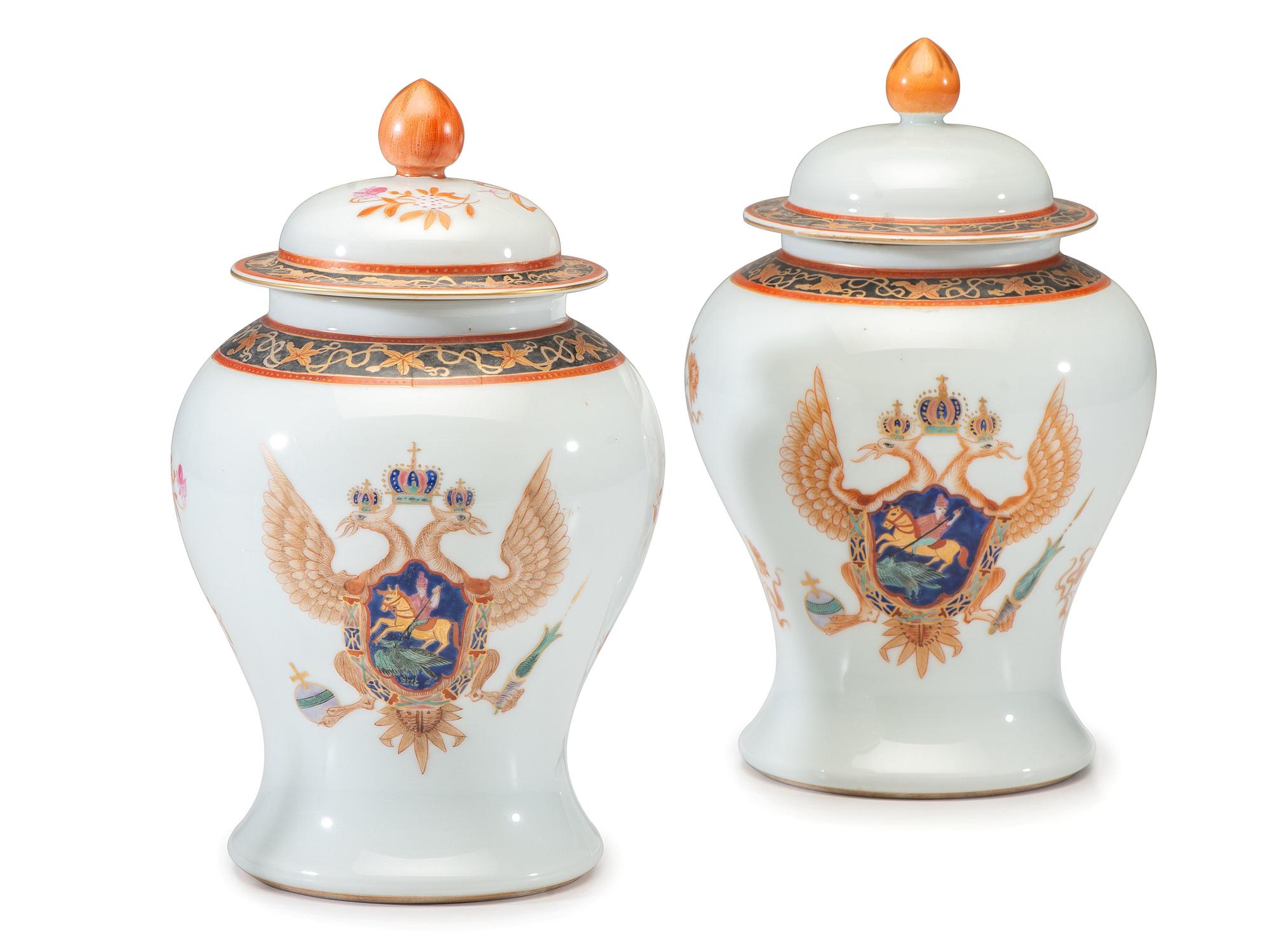 A Pair of Chinese Export Porcelain Lidded Jars Made for the Russian Market