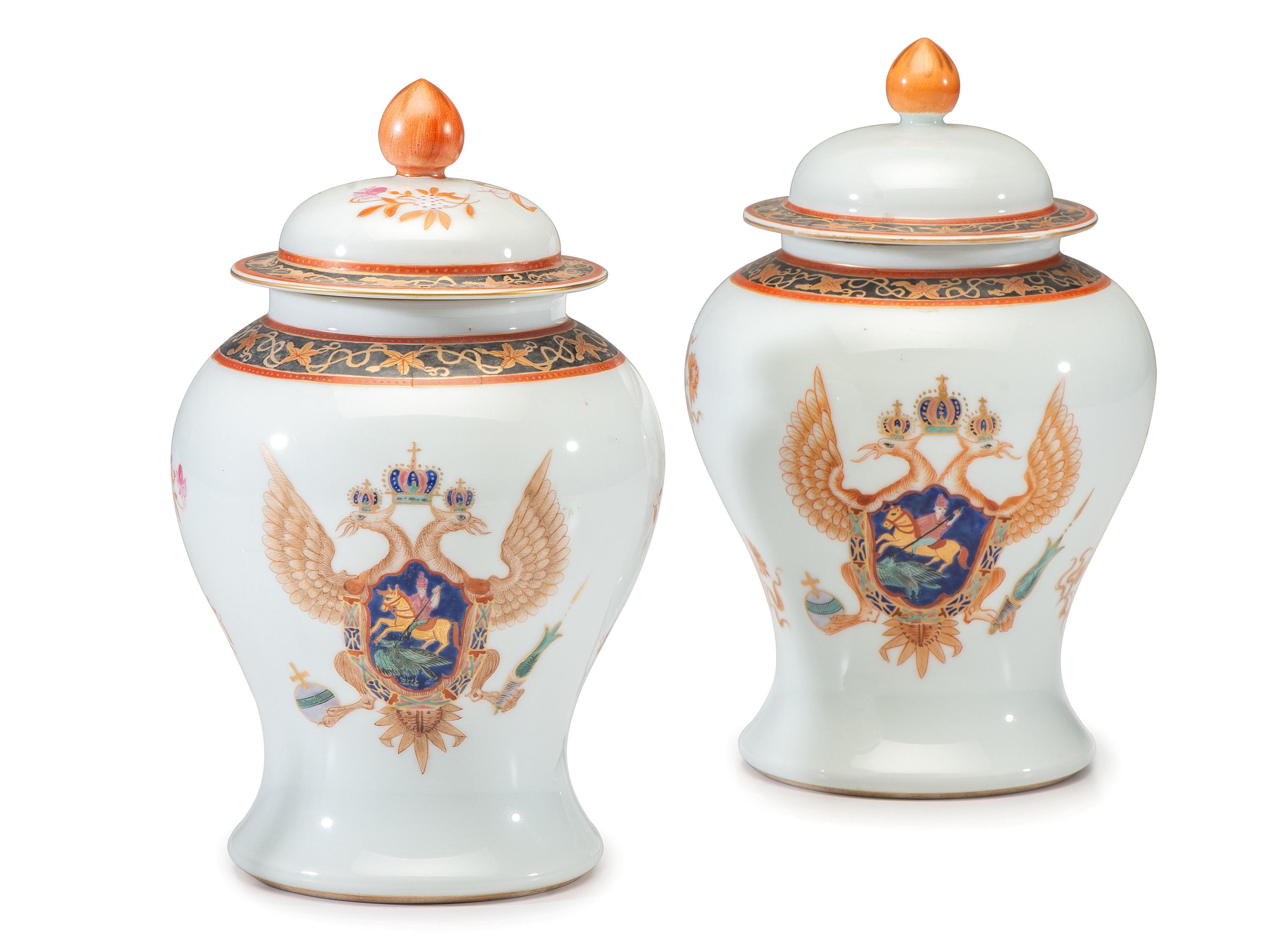 A Pair of Chinese Export Porcelain Lidded Jars Made for the Russian Market