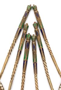 A Cased Set of Six Enameled Silver Spoons