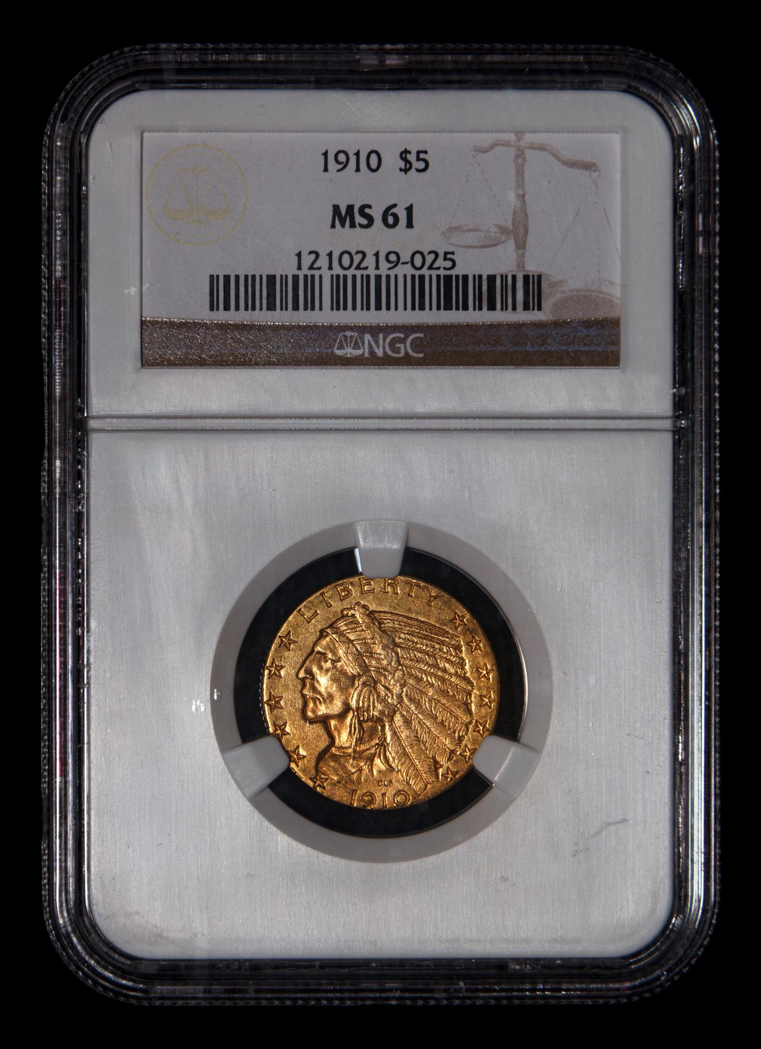 A 1910 Indian Head $5 Gold Coin (NGC MS61)