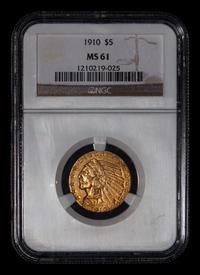 A 1910 Indian Head $5 Gold Coin (NGC MS61)