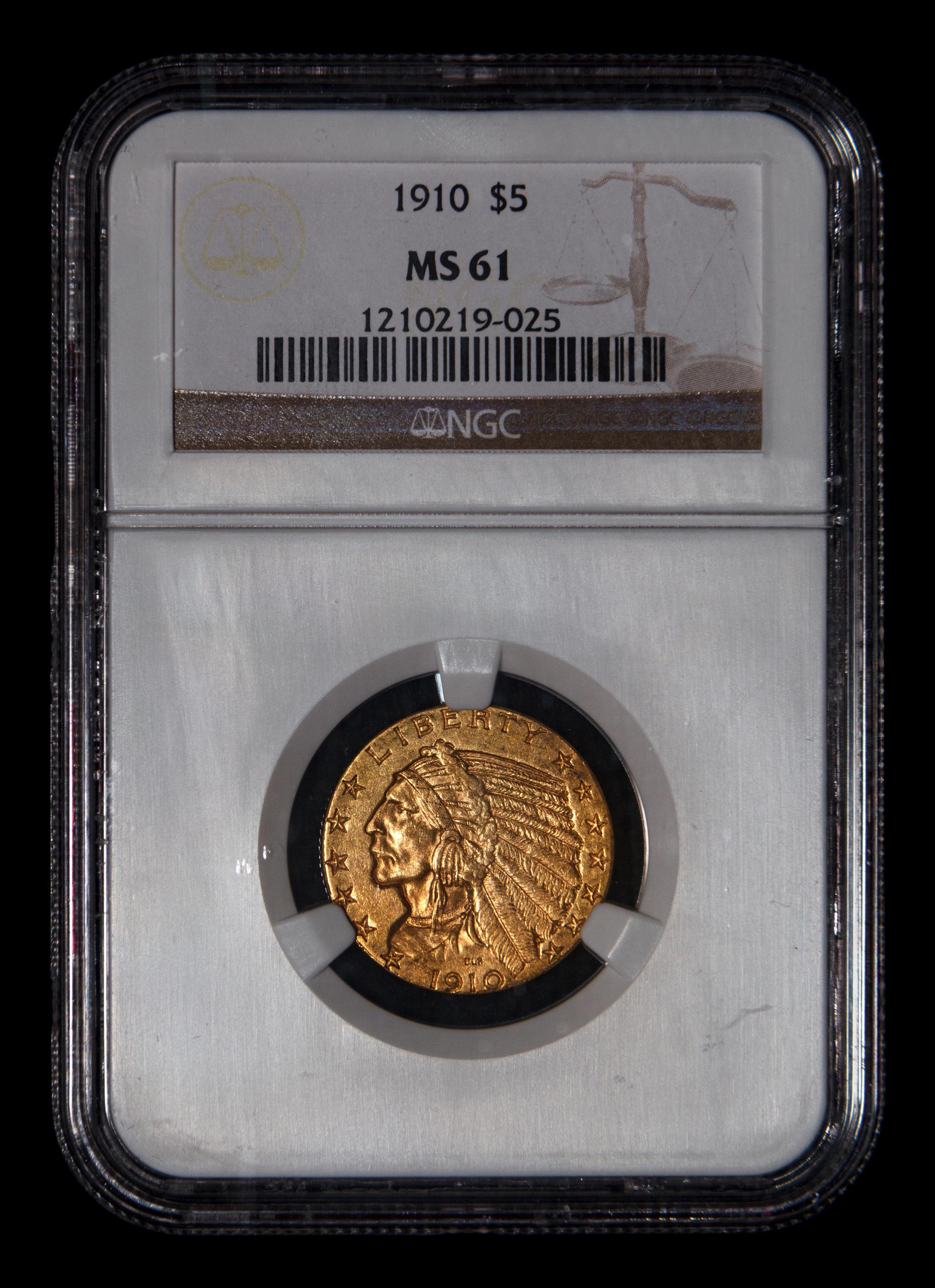 A 1910 Indian Head $5 Gold Coin (NGC MS61)
