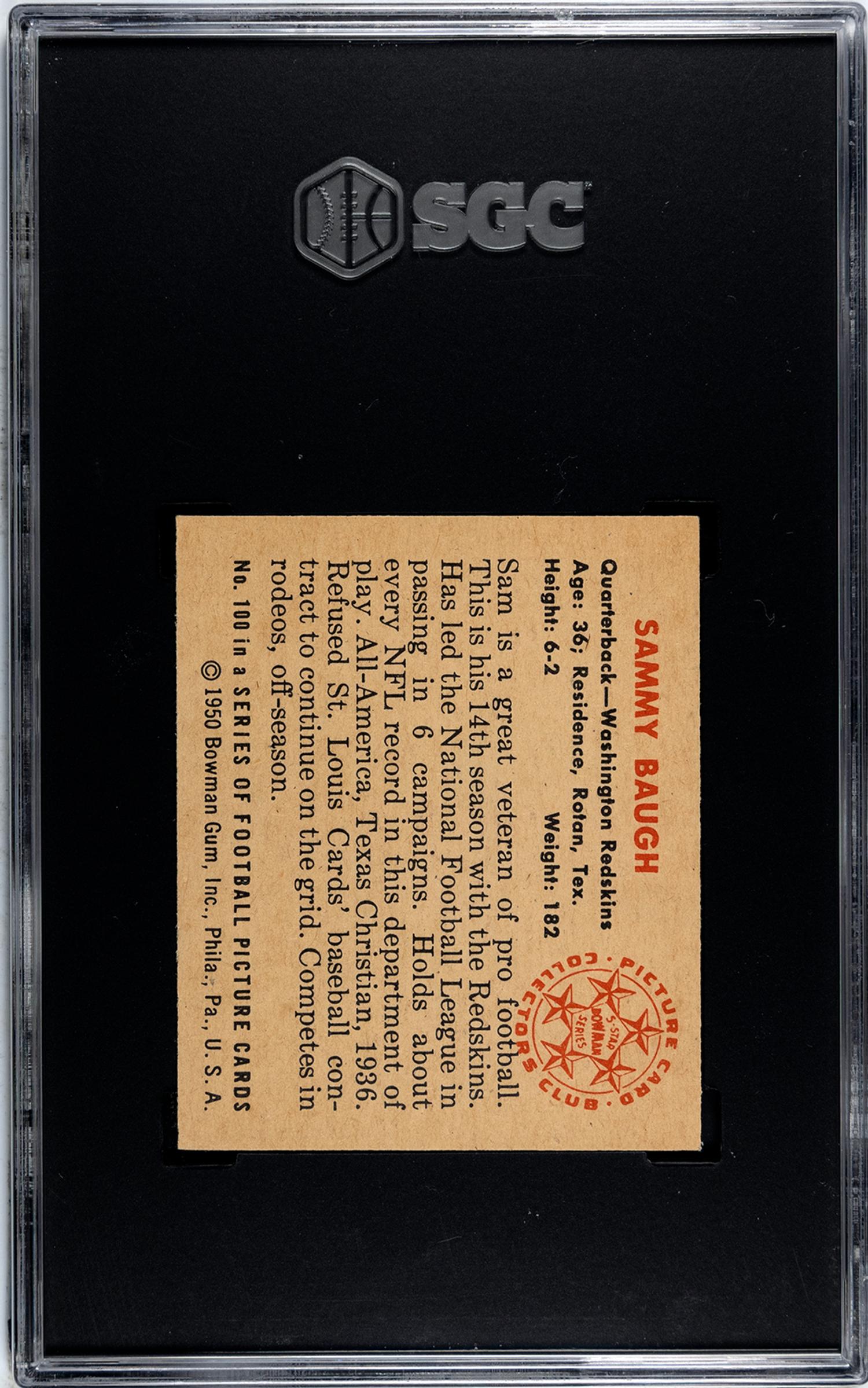 A 1950 Bowman Sammy Baugh Football Card No. 100 (SGC 7 NRMT)