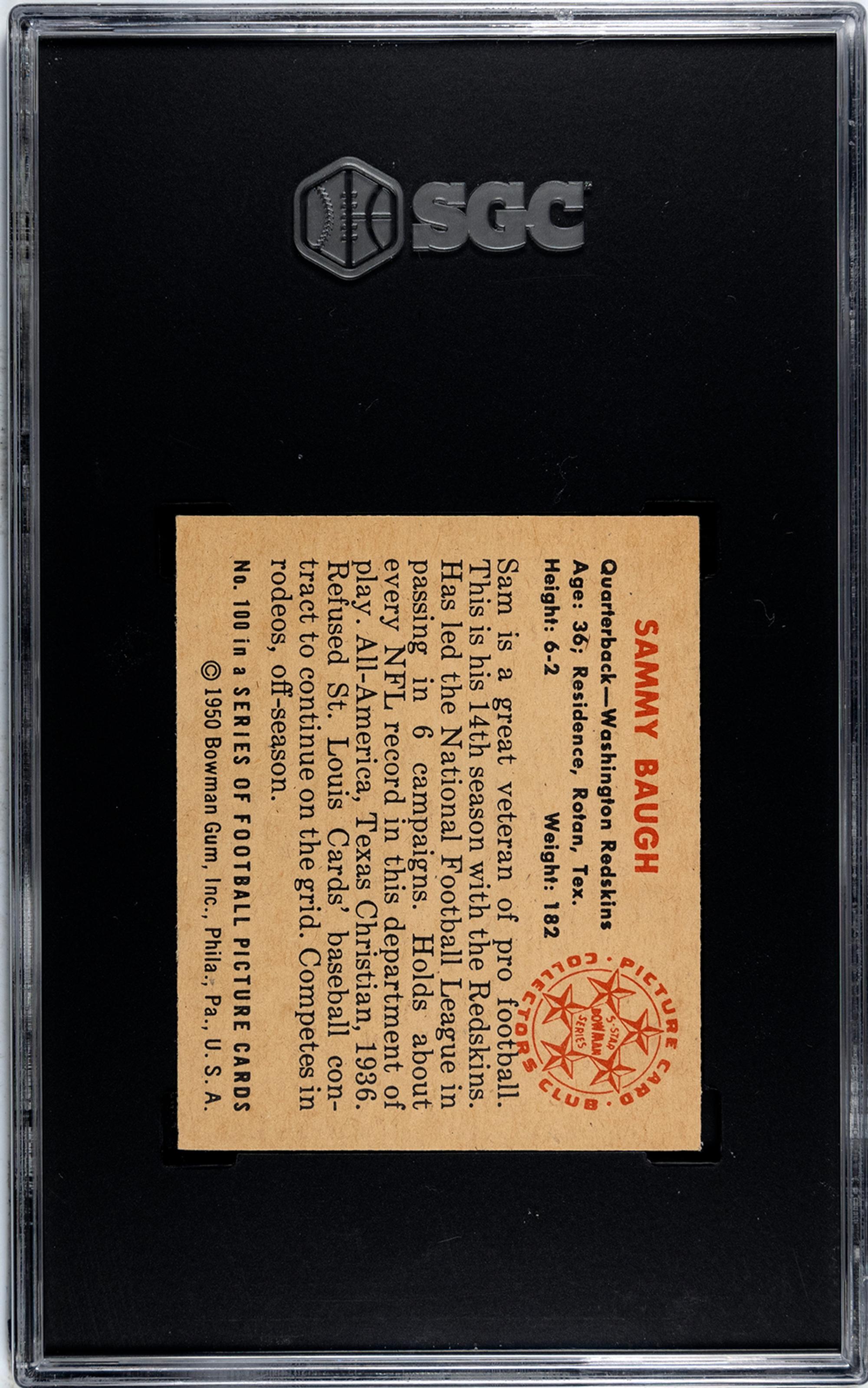 A 1950 Bowman Sammy Baugh Football Card No. 100 (SGC 7 NRMT)