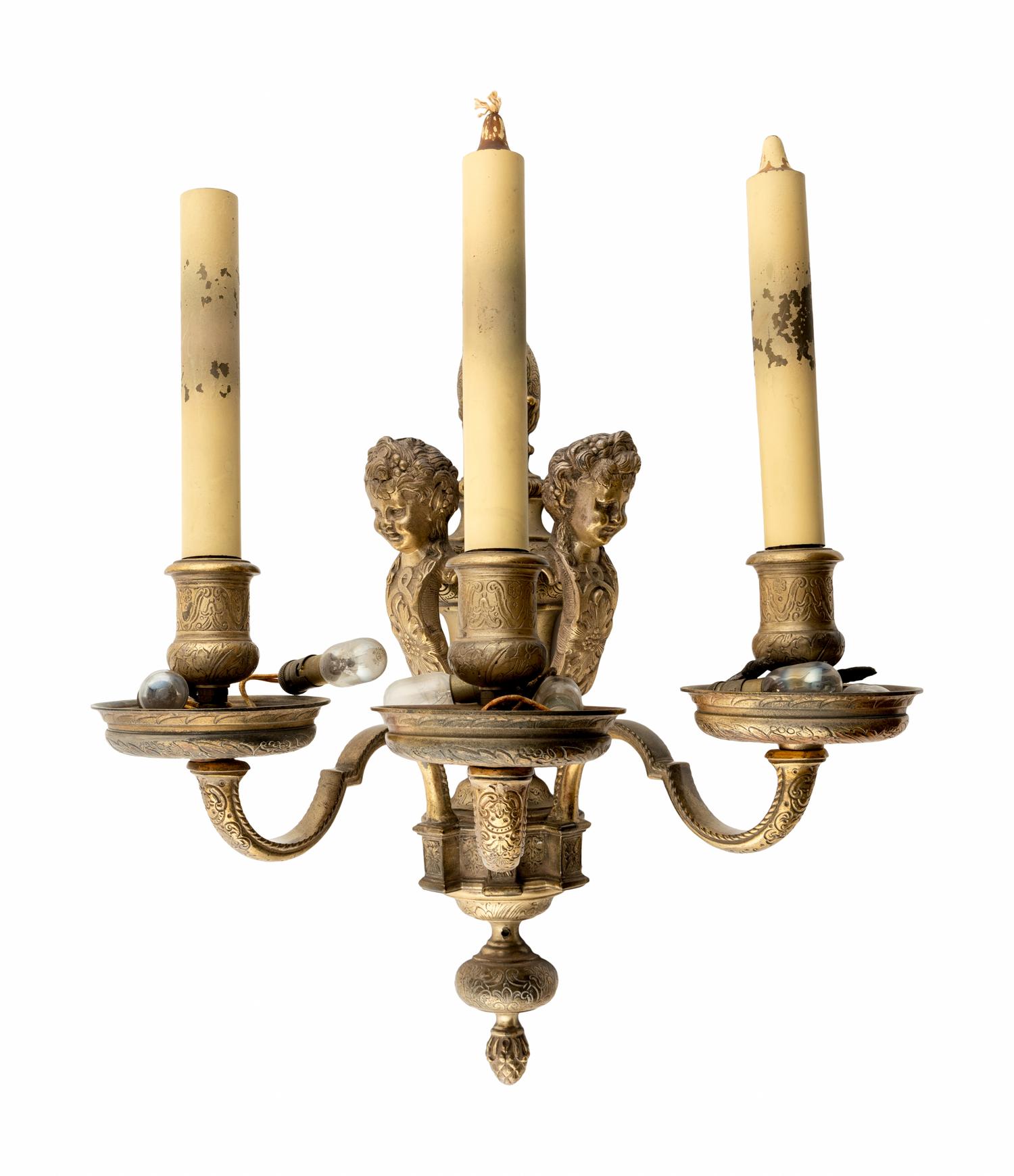 A Pair of Regence Style Silvered Bronze Three-Light Sconces