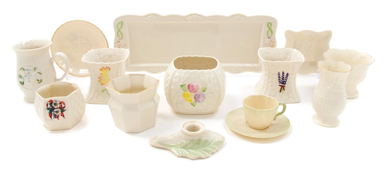 A Collection of Belleek Articles Width of widest 14 3/4 inches. — BELLEEK COLLECTORS SOCIETY AND MILLENNIUM MARKS