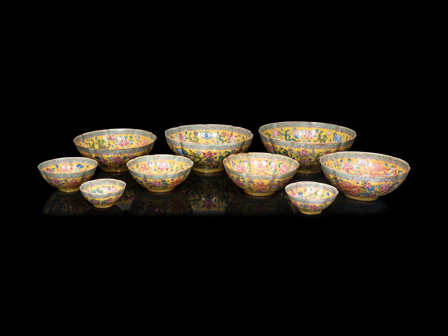 A Set of Nine Chinese Famille Rose Eggshell Porcelain Bowls