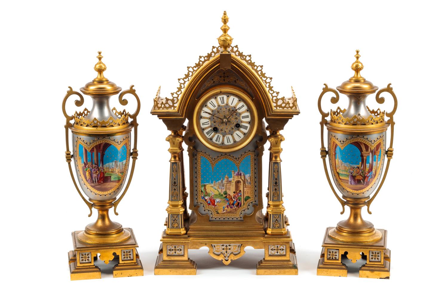 A French Gilt Bronze and Painted Porcelain Clock Garniture