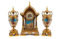 A French Gilt Bronze and Painted Porcelain Clock Garniture