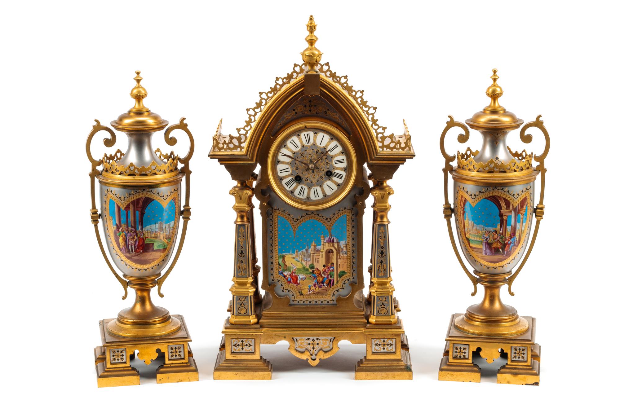 A French Gilt Bronze and Painted Porcelain Clock Garniture