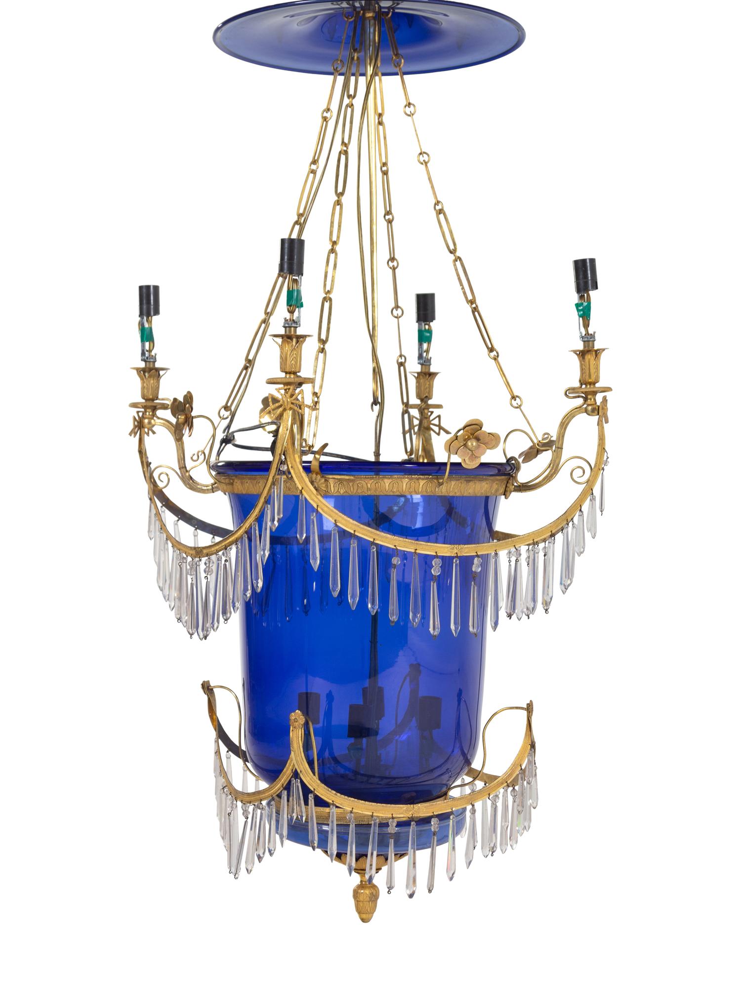 A Russian Gilt Metal, Cobalt and Colorless Glass Four-Light Hall Lantern