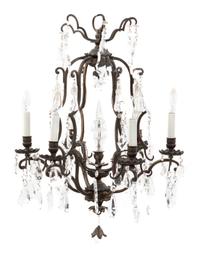 A French Wrought Iron Six-Light Chandelier, Height 27 x diameter 19 1/2 inches.