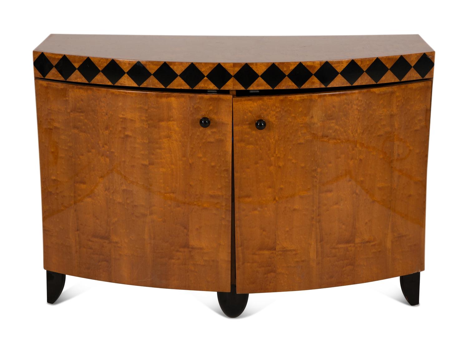 An Art Deco Burl Walnut Bow Front Cabinet