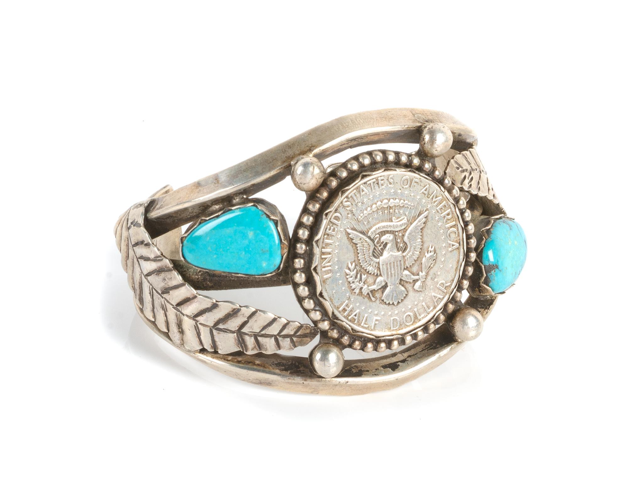 Southwestern Silver and Turquoise Half Dollar Cuff Bracelet Length 5 3/4 x opening 1 1/4 x width 2 inches