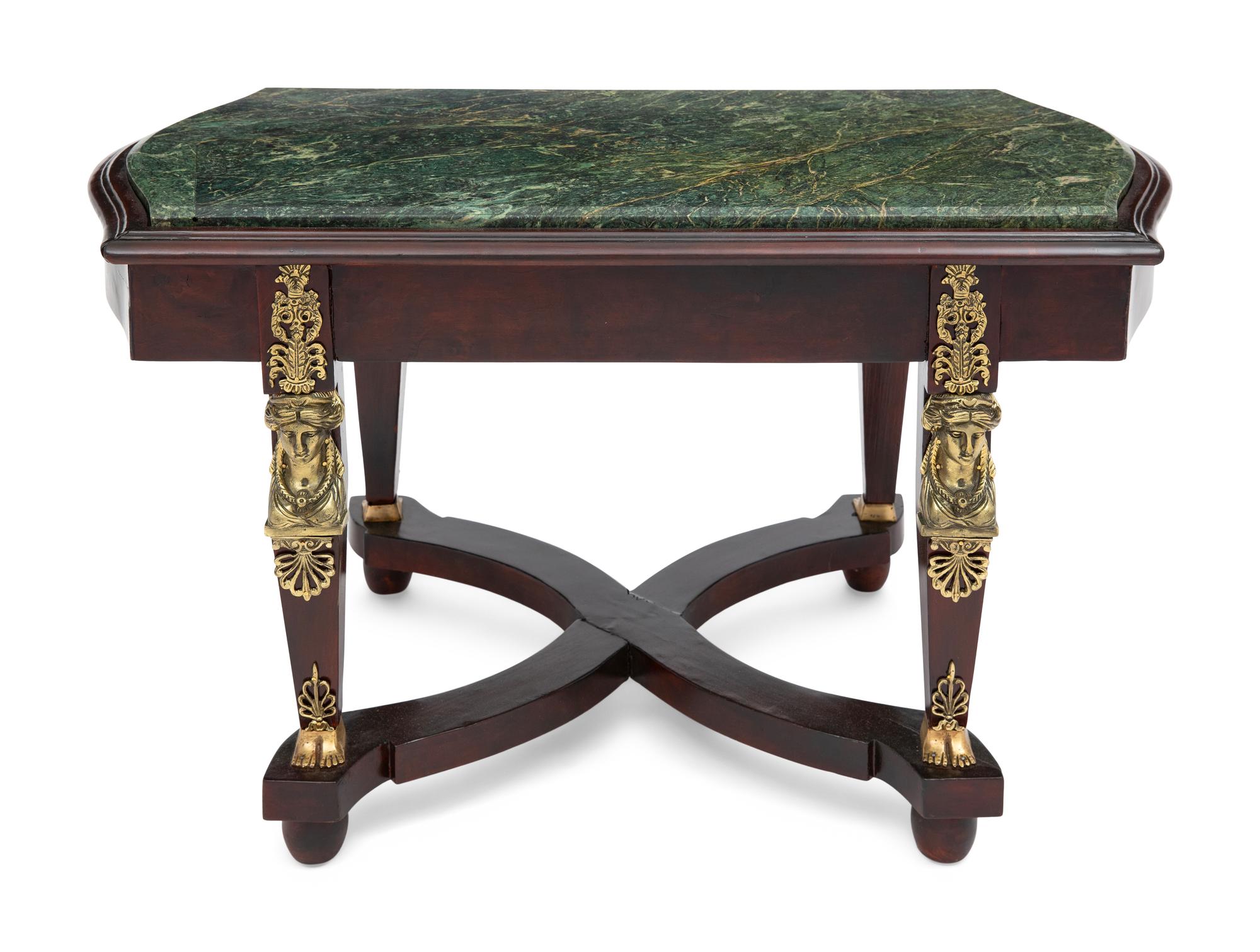 An Empire Style Brass Mounted Mahogany and Marble-Top Cocktail Table